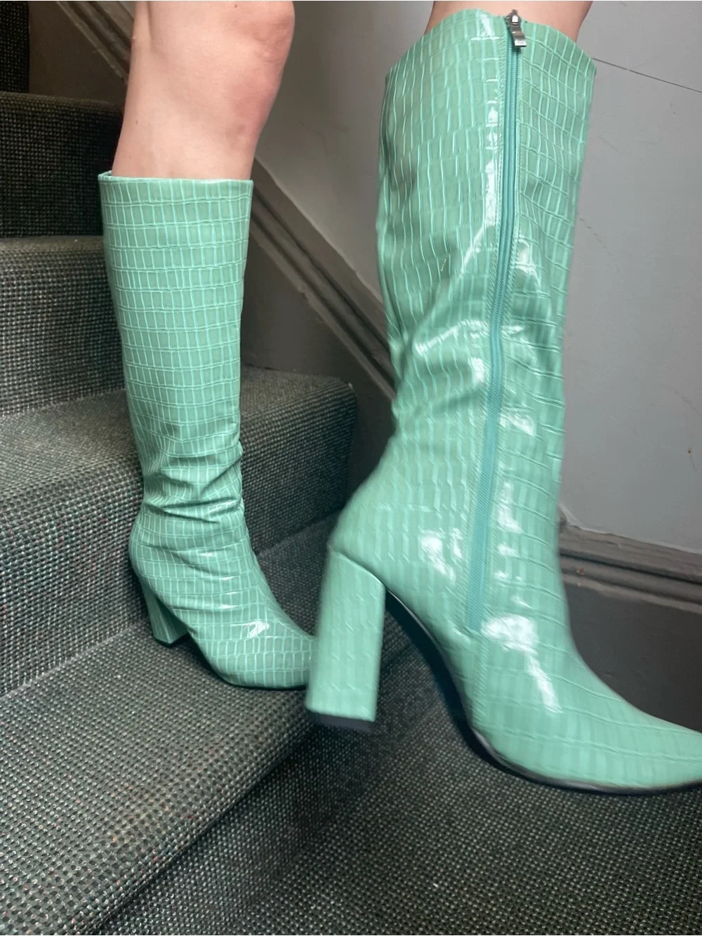 Never worn. Mint Croc-Embossed Knee High Boots - Women's Fashion Boots